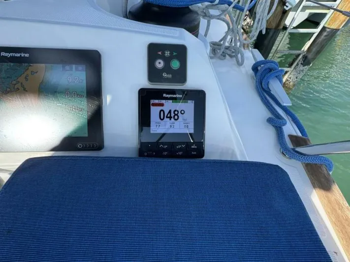 Levity Yacht Photos Pics Jeanneau Sun Odyssey 479 cockpit with Raymarine navigation display, 2019 model.