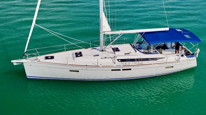 Levity Yacht Photos Pics 2019 Jeanneau Sun Odyssey 479 sailing yacht on calm turquoise waters.