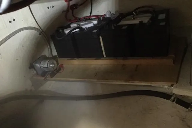 Horus Yacht Photos Pics Battery compartment of 2013 Custom Trawler 45 with wiring and components.