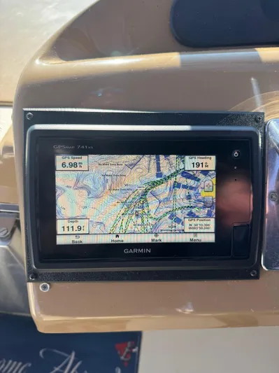  Yacht Photos Pics Garmin GPS display on 2004 Carver 360 Mariner boat dashboard, showing navigation map.
