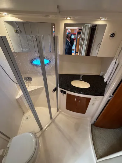  Yacht Photos Pics Bathroom interior of 2004 Carver 360 Mariner yacht with shower and vanity.