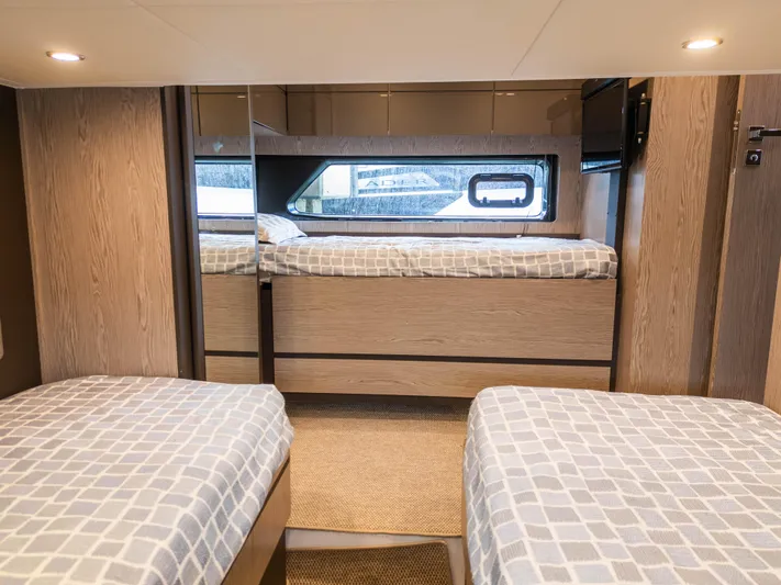  Yacht Photos Pics Interior of 2020 Azimut Atlantis 45 yacht with twin beds and modern design.