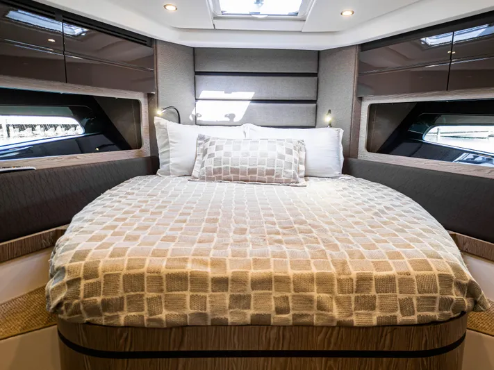  Yacht Photos Pics Luxurious bedroom interior of 2020 Azimut Atlantis 45 yacht with modern design.