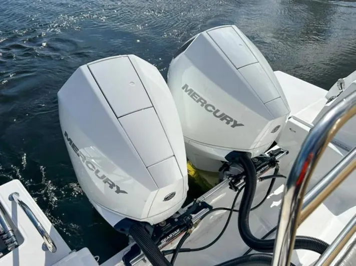  Yacht Photos Pics Twin Mercury outboard engines on a 2025 Beneteau Antares 9 boat.