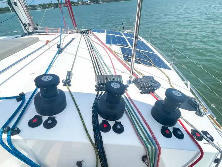 Out Of The Woods Yacht Photos Pics Deck of a NEEL 51 trimaran with ropes and winches, 2022 model.