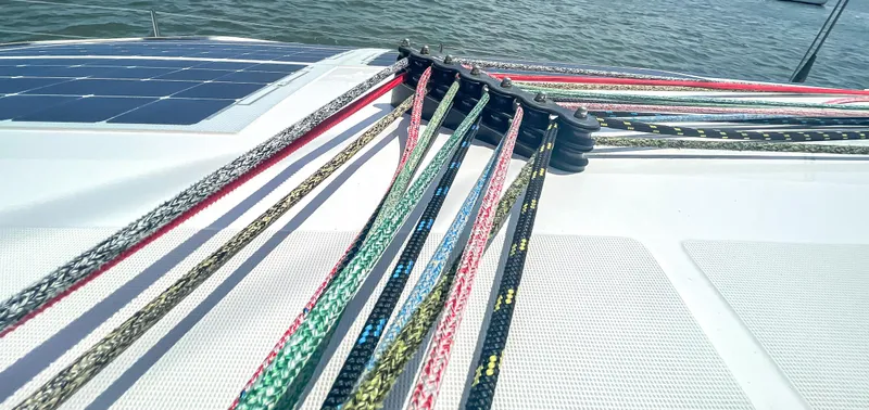 Out Of The Woods Yacht Photos Pics Colorful ropes on a 2022 NEEL 51 trimaran.