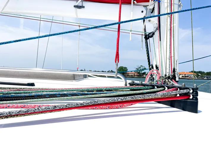 Out Of The Woods Yacht Photos Pics Colorful ropes on a NEEL 51 trimaran, model year 2022.