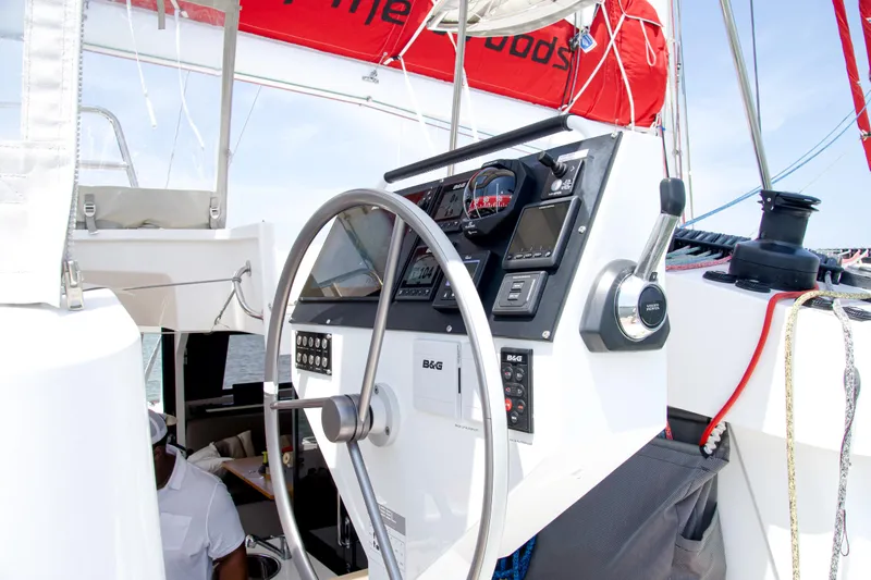 Out Of The Woods Yacht Photos Pics Helm of NEEL 51 yacht, 2022 model, featuring modern instruments.