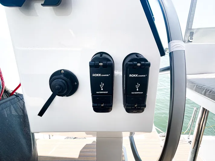 Out Of The Woods Yacht Photos Pics Waterproof USB ports on NEEL 51 trimaran, year 2022.