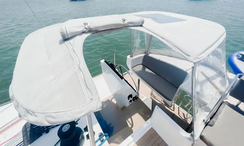 Out Of The Woods Yacht Photos Pics NEEL 51 trimaran cockpit with canopy, 2022 model.