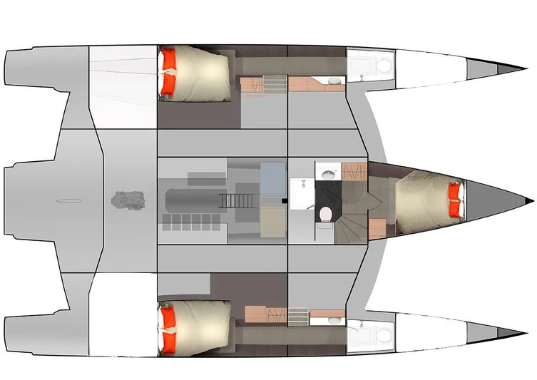 Out Of The Woods Yacht Photos Pics Floor plan of NEEL 51 trimaran, 2022 model, showing cabins and bathrooms.