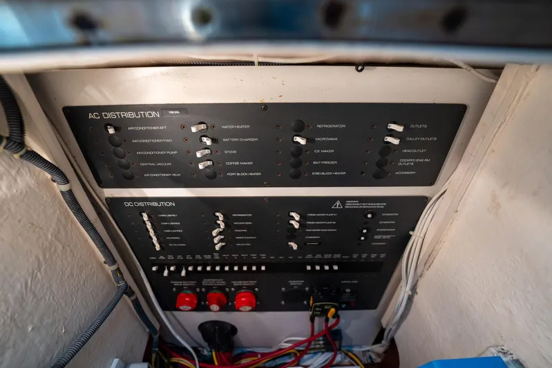 Maggie Yacht Photos Pics Electrical panel of a 2005 Tiara Yachts 3200 Open, showing AC and DC distribution.