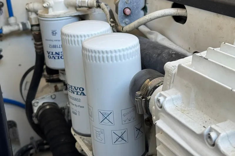 Maggie Yacht Photos Pics Engine compartment of a 2005 Tiara Yachts 3200 Open with Volvo Penta filters.