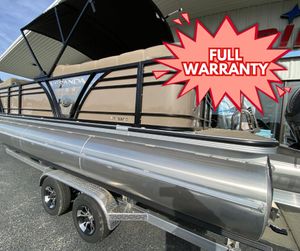 2023 Veranda VTX 22RC pontoon boat with full warranty displayed on trailer.