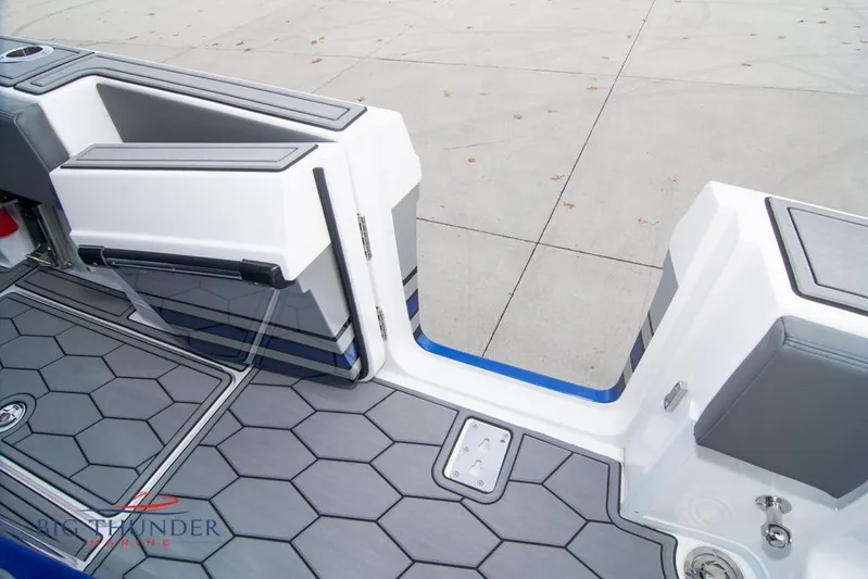  Yacht Photos Pics 2022 Fountain 38 SC boat interior with hexagonal flooring and sleek design.