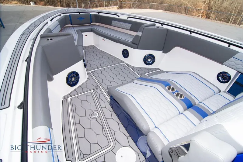  Yacht Photos Pics 2022 Fountain 38 SC boat interior with modern seating and stylish design.