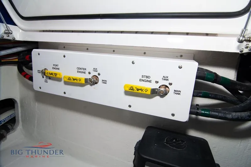  Yacht Photos Pics Control panel of a 2022 Fountain 38 SC boat engine system.