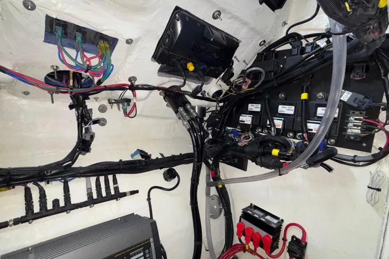  Yacht Photos Pics Electrical wiring and components inside a 2022 Fountain 38 SC boat.
