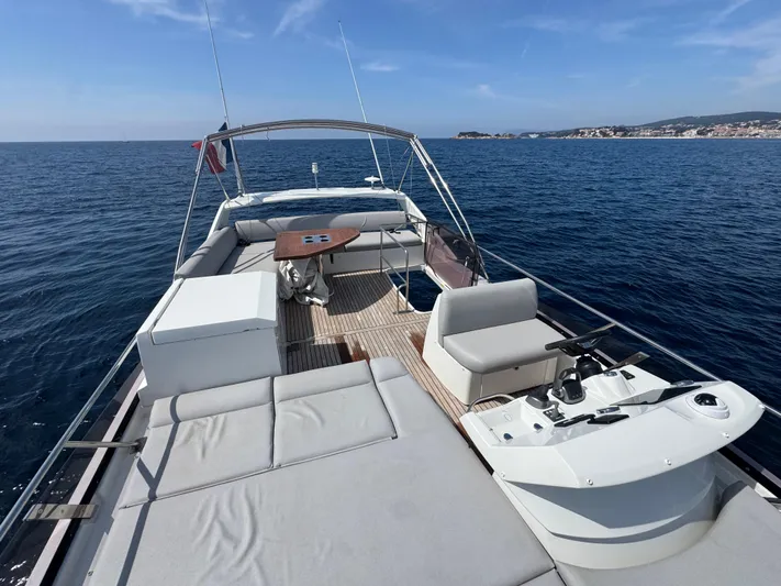  Yacht Photos Pics 2023 Prestige 460 yacht with spacious deck, cruising on calm blue waters.