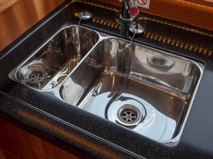 Seahawk Yacht Photos Pics Stainless steel double sink in 2017 Nimbus 405 Flybridge yacht kitchen.