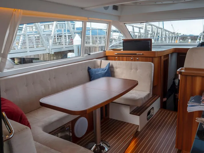 Seahawk Yacht Photos Pics Interior of 2017 Nimbus 405 Flybridge yacht with elegant seating and wooden table.