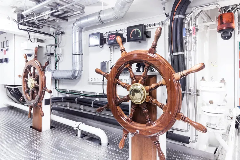 Luna Yacht Photos Pics Wooden ship wheels in a modern engine room, Custom Lloyd Werft, 2010.