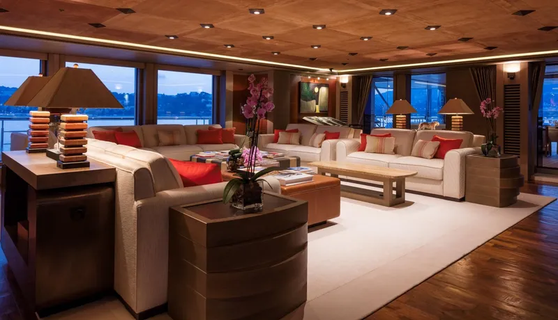 Luna Yacht Photos Pics Luxurious yacht interior with elegant seating, warm lighting, and scenic views. Custom Lloyd Werft, 2010.