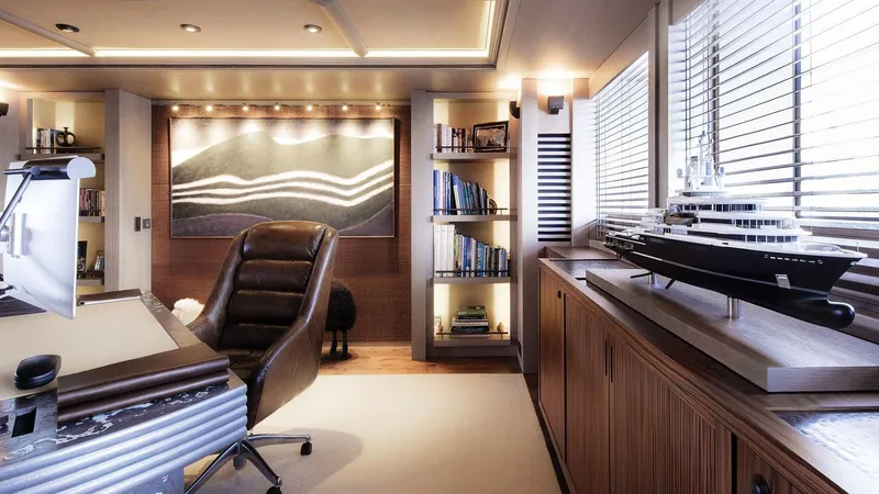 Luna Yacht Photos Pics Luxurious yacht office interior with leather chair, model ship, and modern decor, Lloyd Werft 2010 design.