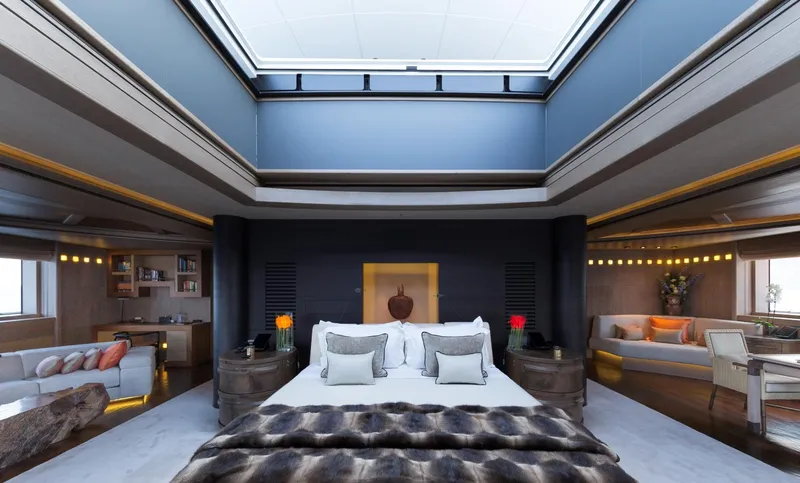 Luna Yacht Photos Pics Luxurious yacht bedroom with skylight, modern decor, and elegant furnishings, Custom Lloyd Werft 2010.