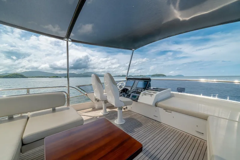 Carpe Diem Yacht Photos Pics Luxurious 2017 Azimut 77S yacht deck with seating, ocean view, and navigation controls.