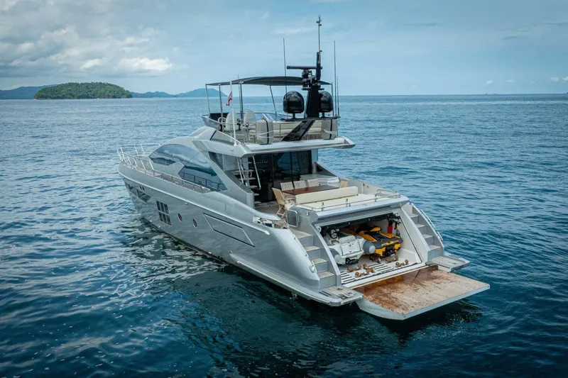 Carpe Diem Yacht Photos Pics Luxury 2017 Azimut 77S yacht on open sea, featuring sleek design and spacious deck.