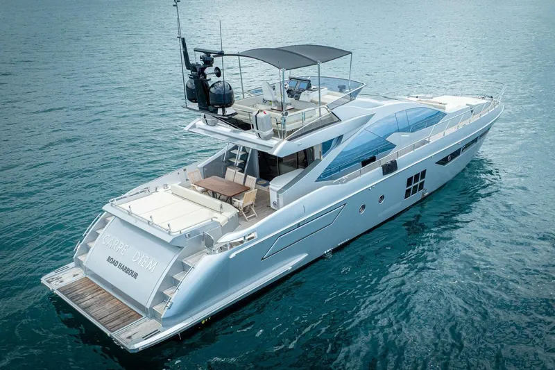 Carpe Diem Yacht Photos Pics Luxury 2017 Azimut 77S yacht on open water, featuring sleek design and spacious deck.