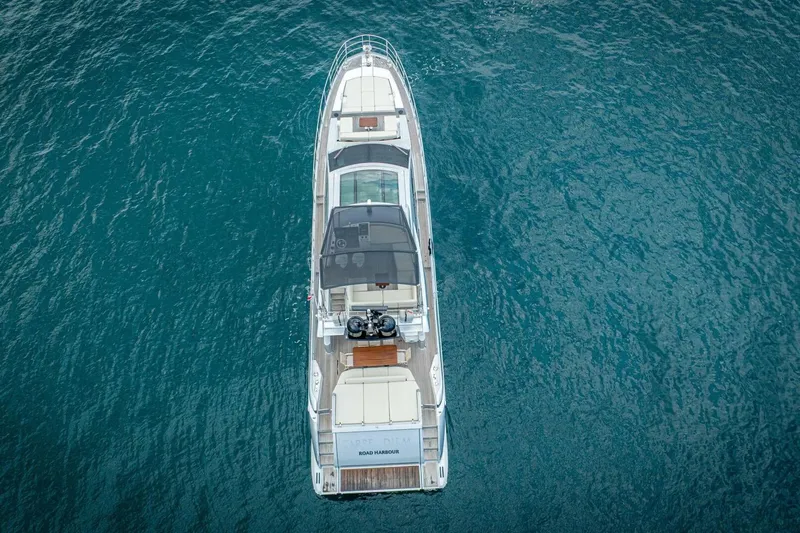 Carpe Diem Yacht Photos Pics Overhead view of 2017 Azimut 77S yacht on blue ocean water.