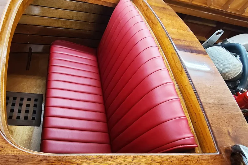  Yacht Photos Pics Red leather seat in 2024 Treworgy Replica of 30’ Baby Bootlegger boat interior.
