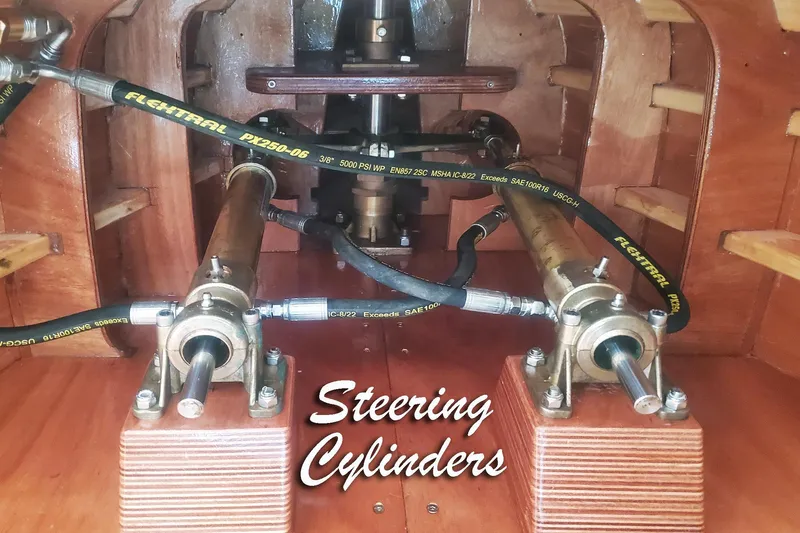  Yacht Photos Pics Steering cylinders of 2024 Custom Treworgy Replica 30’ Baby Bootlegger boat interior.