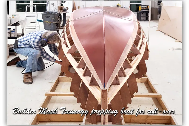  Yacht Photos Pics Builder working on 2024 Treworgy Replica of 30’ Baby Bootlegger boat in workshop.