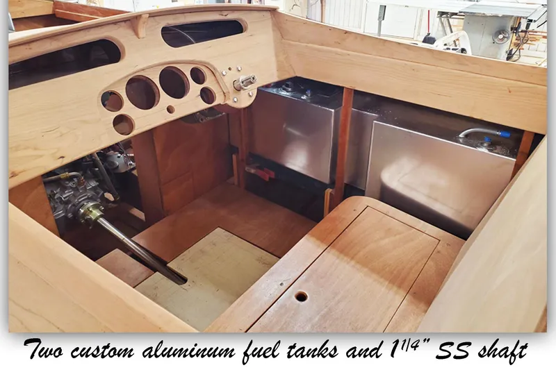  Yacht Photos Pics Interior of 2024 Treworgy Replica boat with custom aluminum fuel tanks and SS shaft.