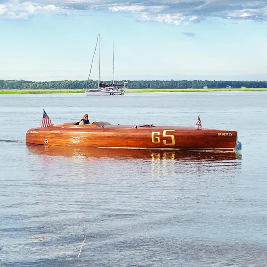  Yacht Photos Pics Custom 2024 Treworgy Replica of 30’ Baby Bootlegger boat on calm water.