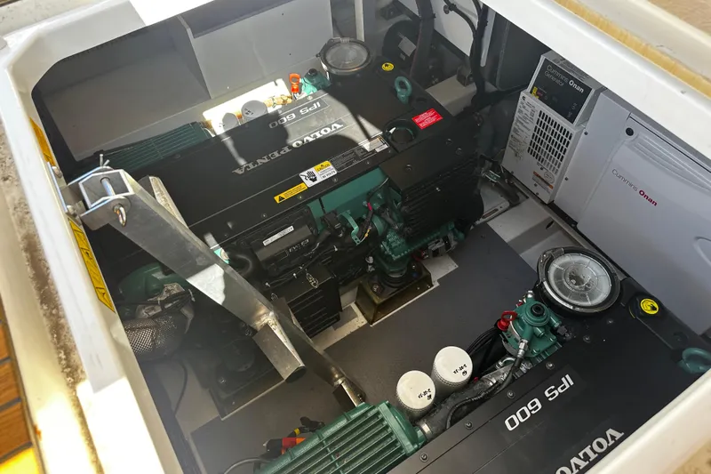 Seas The Day Yacht Photos Pics Engine compartment of a 2018 Prestige 460 yacht with Volvo Penta IPS 600 engines.