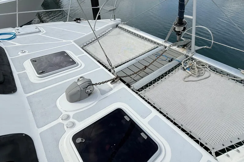 Orbit Yacht Photos Pics Deck view of 2011 Royal Cape Catamarans Majestic 53 with hatches and netting.