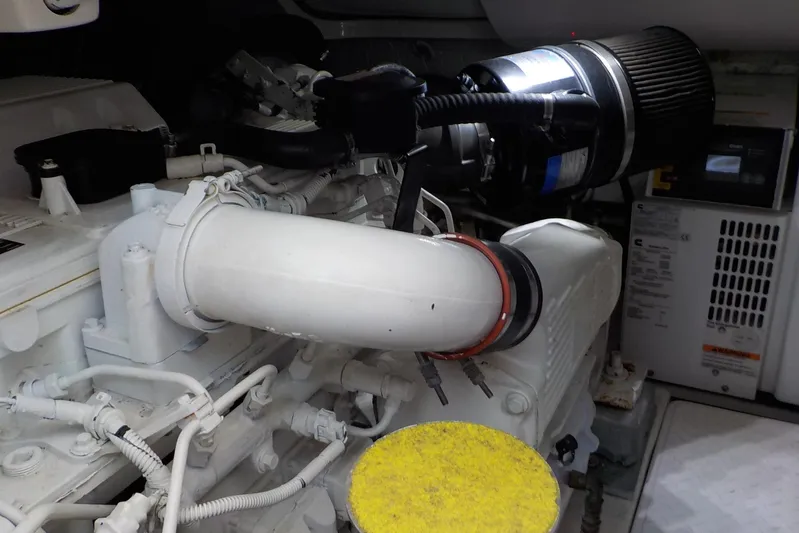 "lady Di" Yacht Photos Pics Engine compartment of a 2009 Tiara Yachts 3900 Open, showcasing mechanical components.