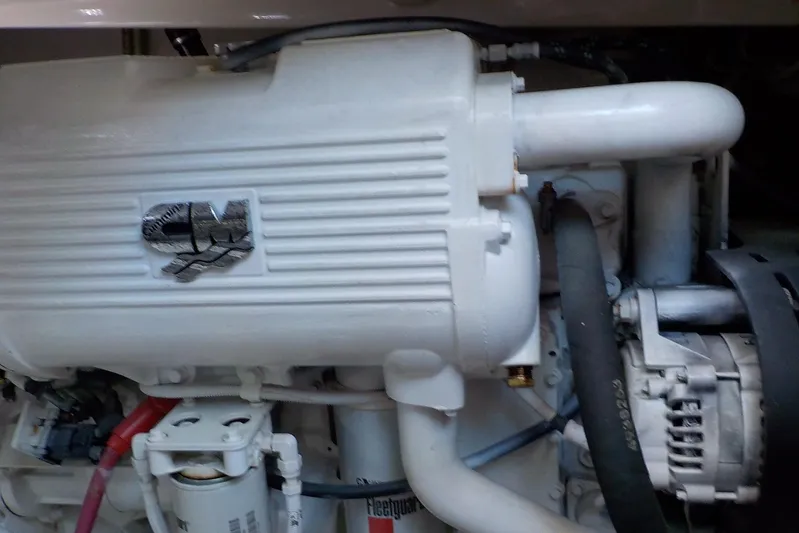 "lady Di" Yacht Photos Pics Engine compartment of a 2009 Tiara Yachts 3900 Open, showcasing mechanical components.