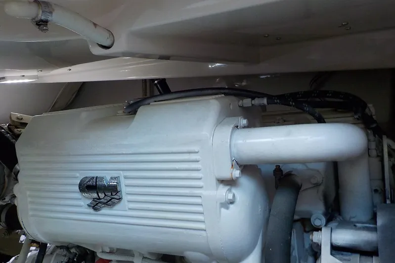 "lady Di" Yacht Photos Pics Engine compartment of a 2009 Tiara Yachts 3900 Open, showcasing mechanical components.