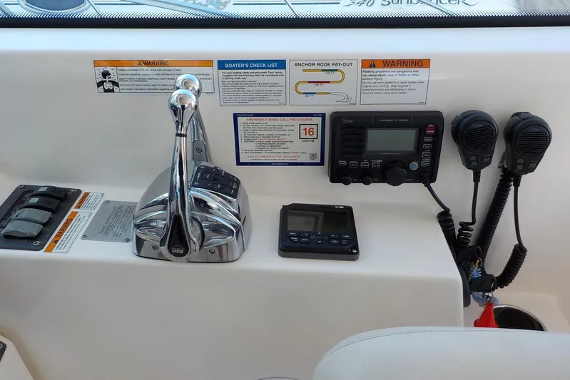 "lady Di" Yacht Photos Pics Control panel of a 2009 Tiara Yachts 3900 Open with navigation and communication equipment.