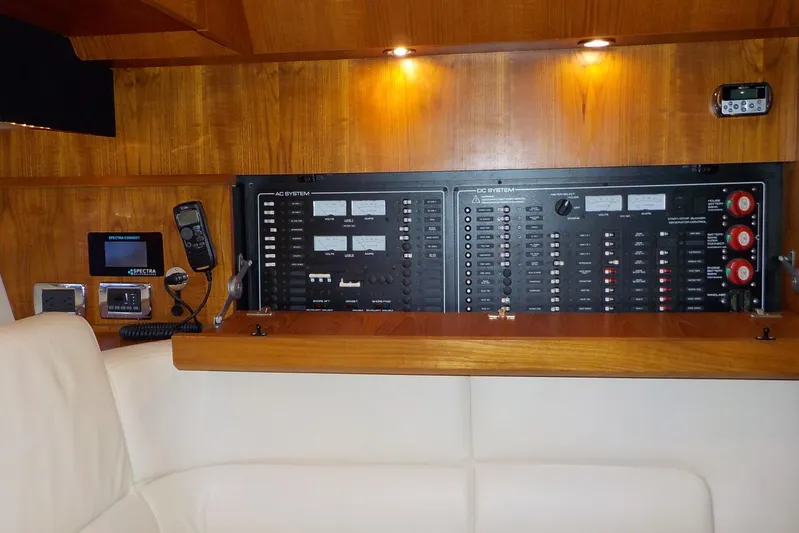 "lady Di" Yacht Photos Pics Control panel of a 2009 Tiara Yachts 3900 Open, featuring AC and DC systems.