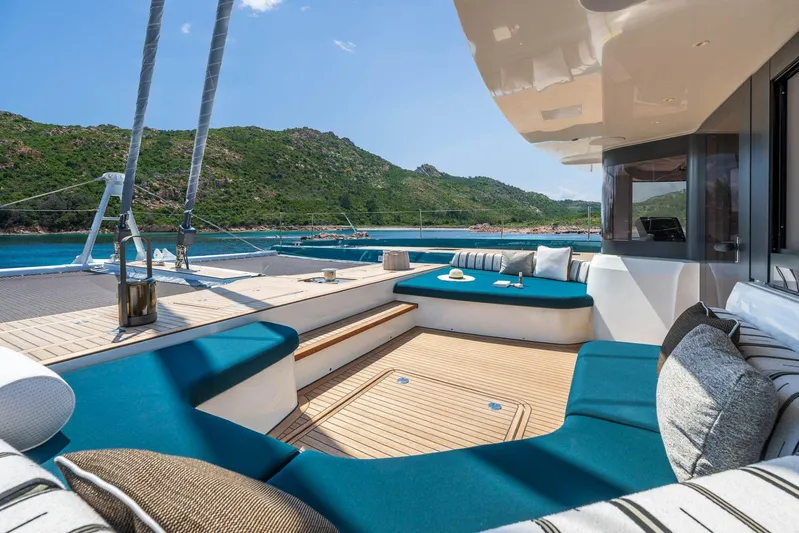  Yacht Photos Pics Manufacturer Provided Image: Luxurious Lagoon Eighty 2 yacht deck with plush seating, scenic ocean view, 2026 model.