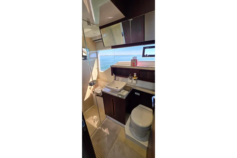 Benellie II Yacht Photos Pics Luxurious bathroom in 2022 Galeon 500 Fly yacht with ocean view.