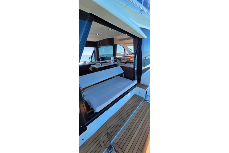 Benellie II Yacht Photos Pics 2022 Galeon 500 Fly yacht interior with open deck and seating area.