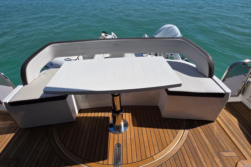 Benellie II Yacht Photos Pics Luxury seating area on 2022 Galeon 500 Fly yacht with ocean view.