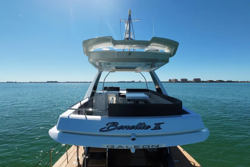 Benellie II Yacht Photos Pics 2022 Galeon 500 Fly yacht on calm blue waters under clear sky.